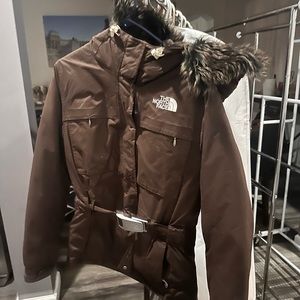 WOMENS The North Face brown hooded jacket w belt